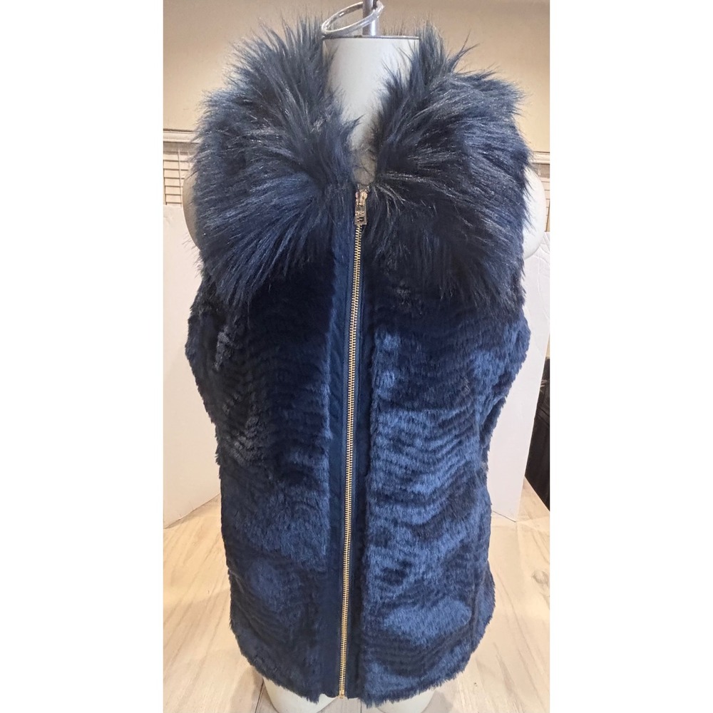 Marc New York Andrew Marc Womens Navy Blue Faux Fur Zip Up Vest M M9MJF050